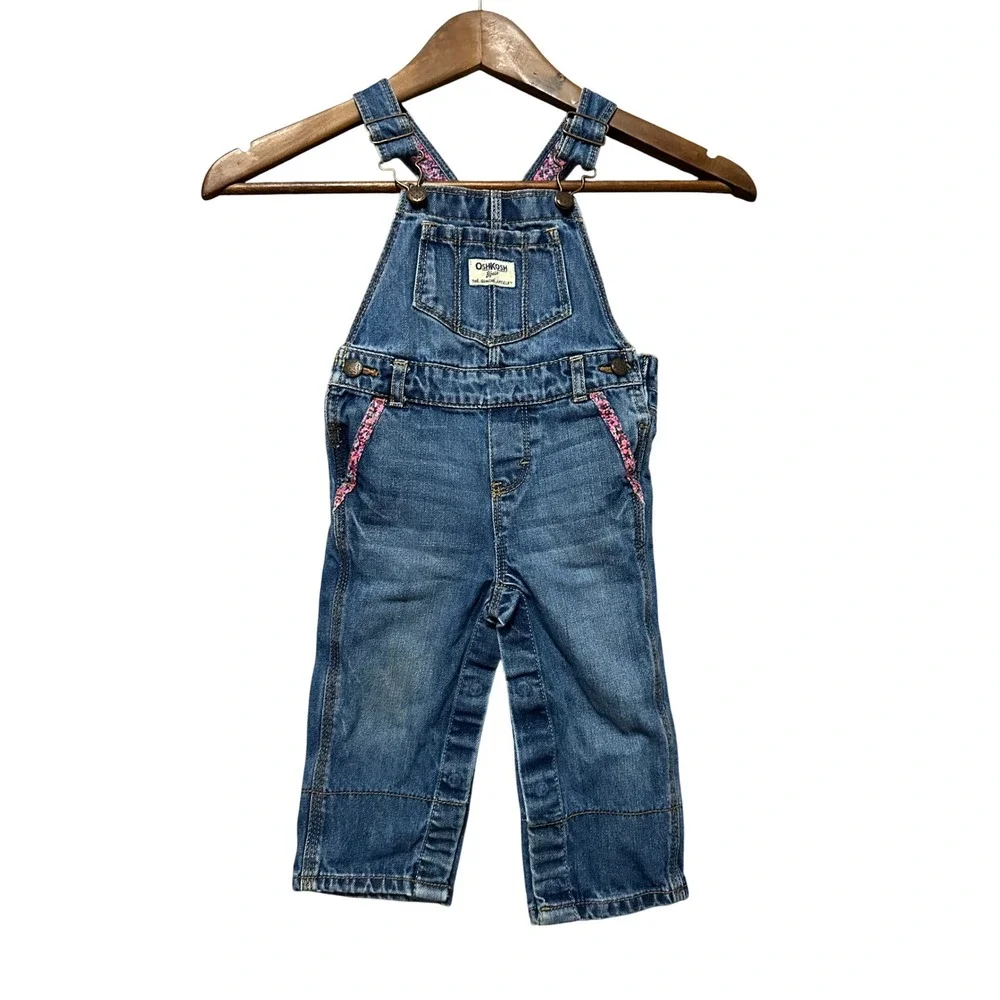 OshKosh B'gosh Denim Overalls Toddler‎ Baby Girls 18M Blue Floral Accents